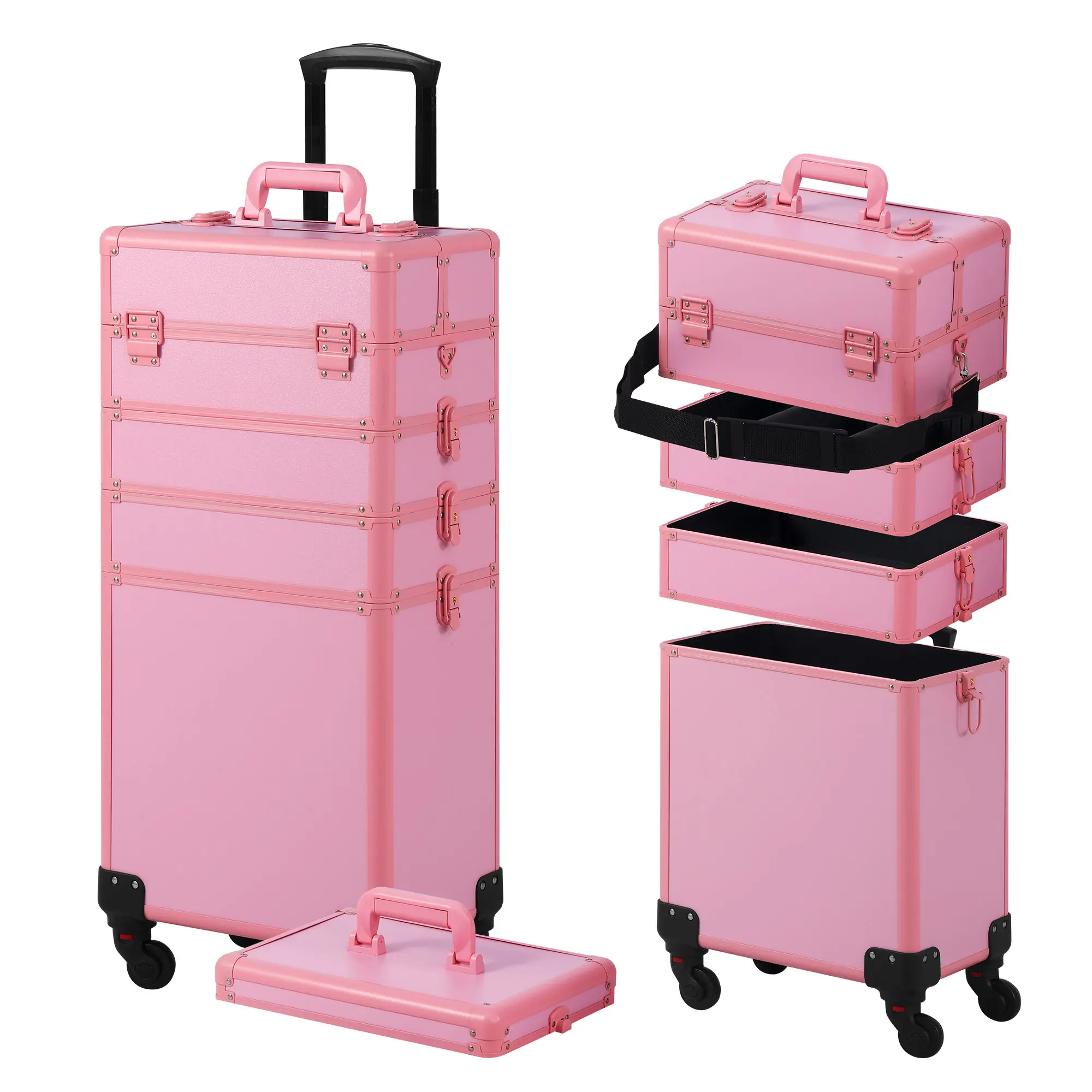 Somduy Makeup Train Case 5 in 1 Rolling, Cute Aesthetic Cosmetology storage Case on Wheels with Brake Caster Lockable, Travel Cosmetic Organizer for Salon Nail Tech Student, Salon Girl Gift