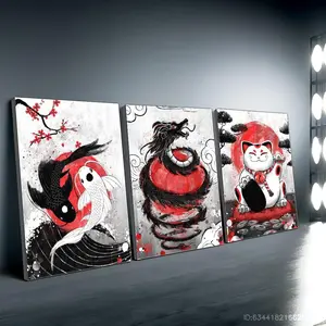 Chinese Style Wall Art, 3 Counts/set Modern Canvas Wall Decor Painting with Wooden Frame, Wall Art Decor for Home Living Room Bedroom, Poster