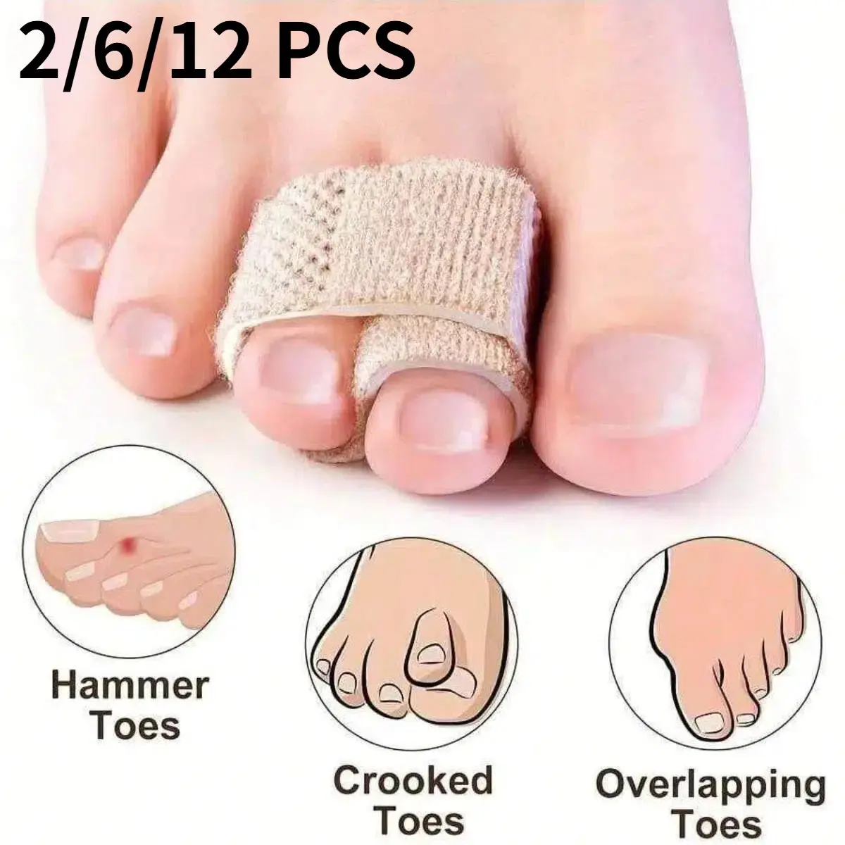 2/6/12Toe Correction Straps Toe Separators Beige Stretch Knit + Anti-Slip Design Adjustable Tension Corrects Toe Overlapping/Curvature Lightweight Invisible Style Wear Under Shoes