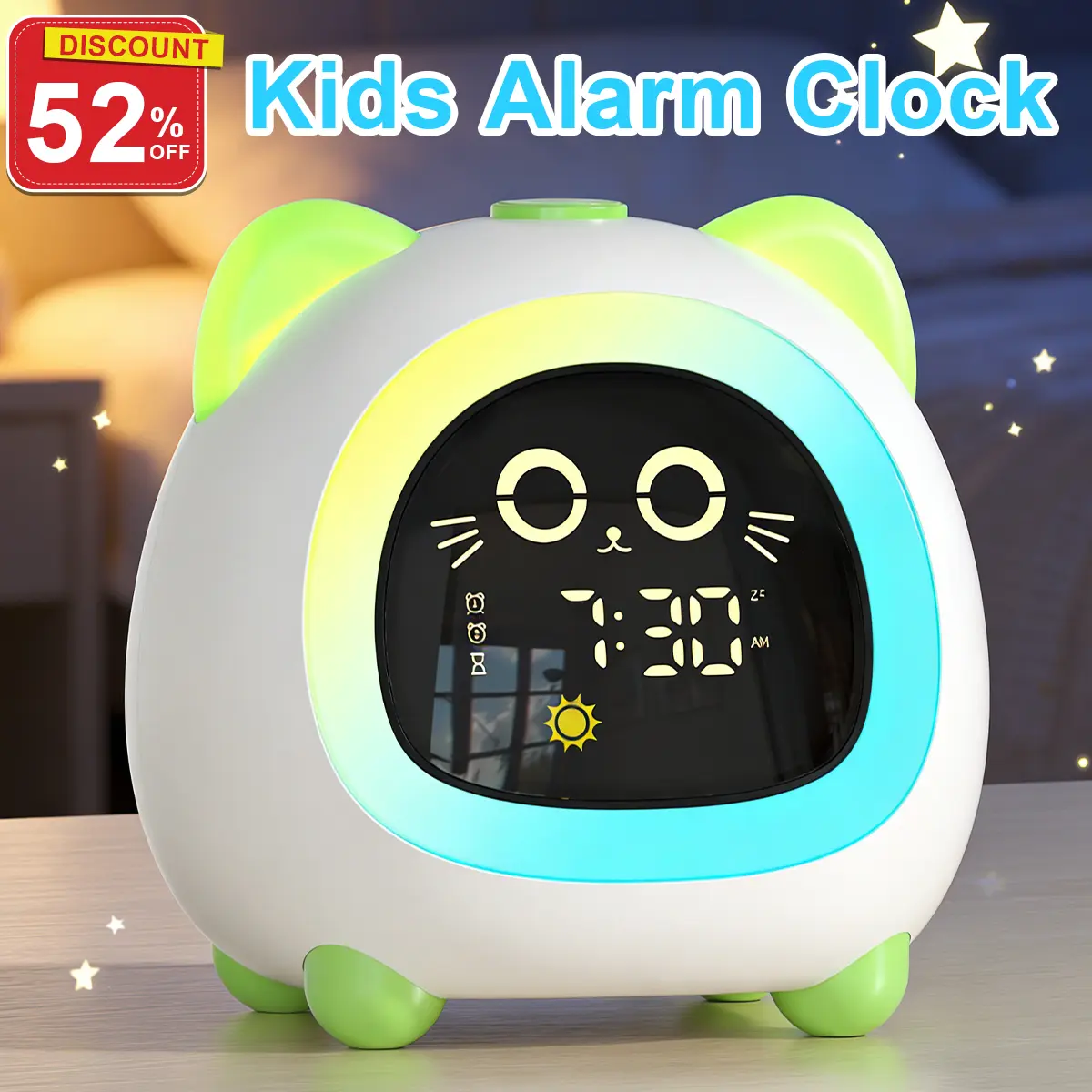 Green Kitty Kids' Sleep Training Alarm Clock - Sleep Aid for 3-8 Years, OK to Wake Night Light, 2 Alarms, Auto Off Timer, Adjustable Kid Room Home Decor Clock