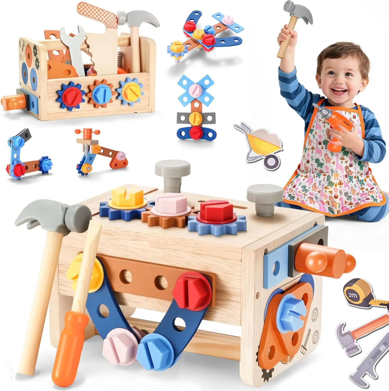 Kids Tool Set with Electric Drill, 43Pcs Wooden Toddler Tool Bench with Apron, Educational Montessori Toys for 3 Year Old Boys, Toddler Tool Set, Birthday Gifts for 3 4 5 Year Old Boy Girl