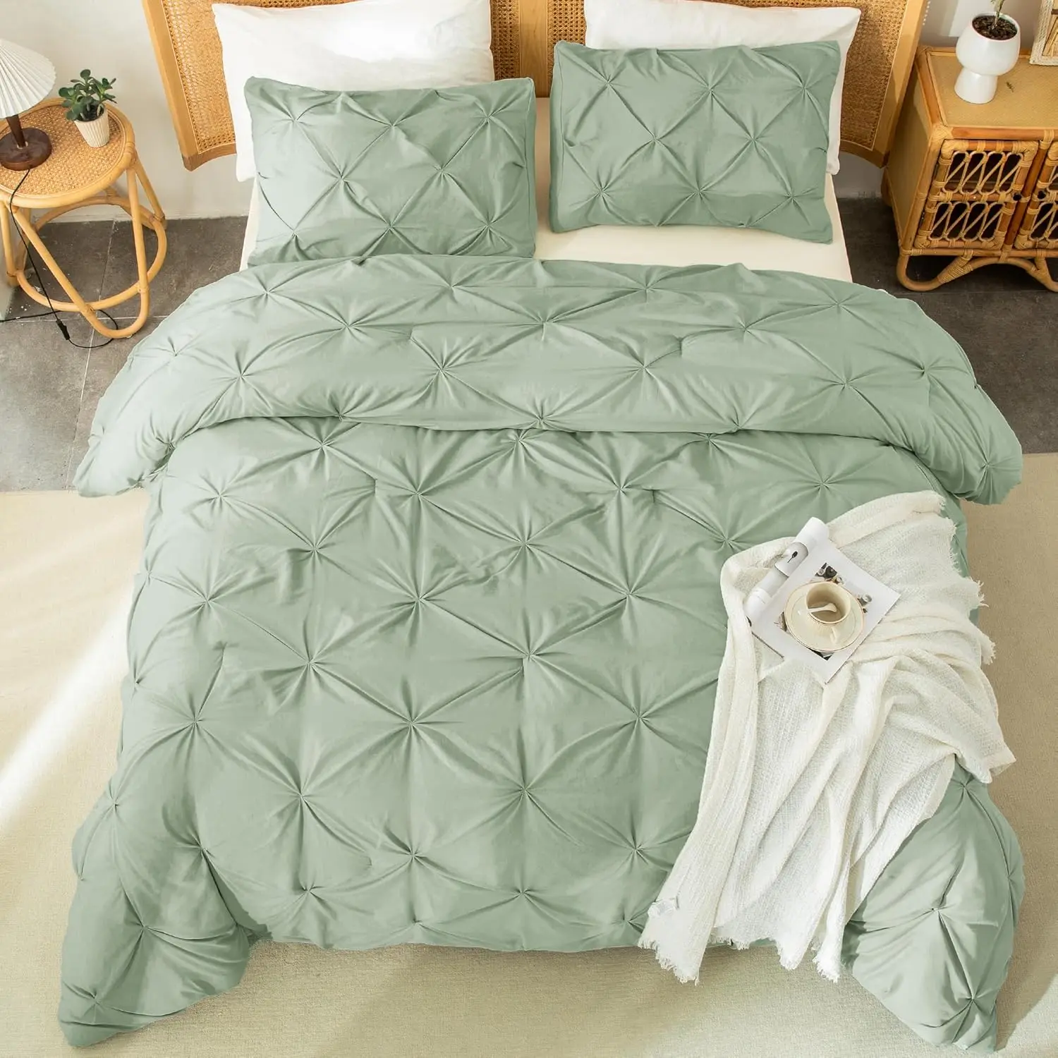 Sage Green Comforter Twin(66x90Inch), 2(1 Pintuck Comforter, 1 Pillowcase) Microfiber Pinch Pleat Comforter Twin Size, Lightweight and Comforter