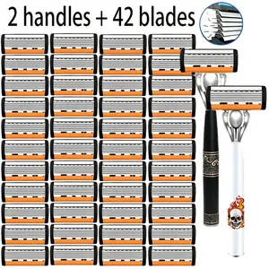 Six Layer Blade Manual Shaver for Men and Women, Stainless Steel System with 2 Handles and 48 Replaceable Blades, Anti-Slip Handle, Razors Set