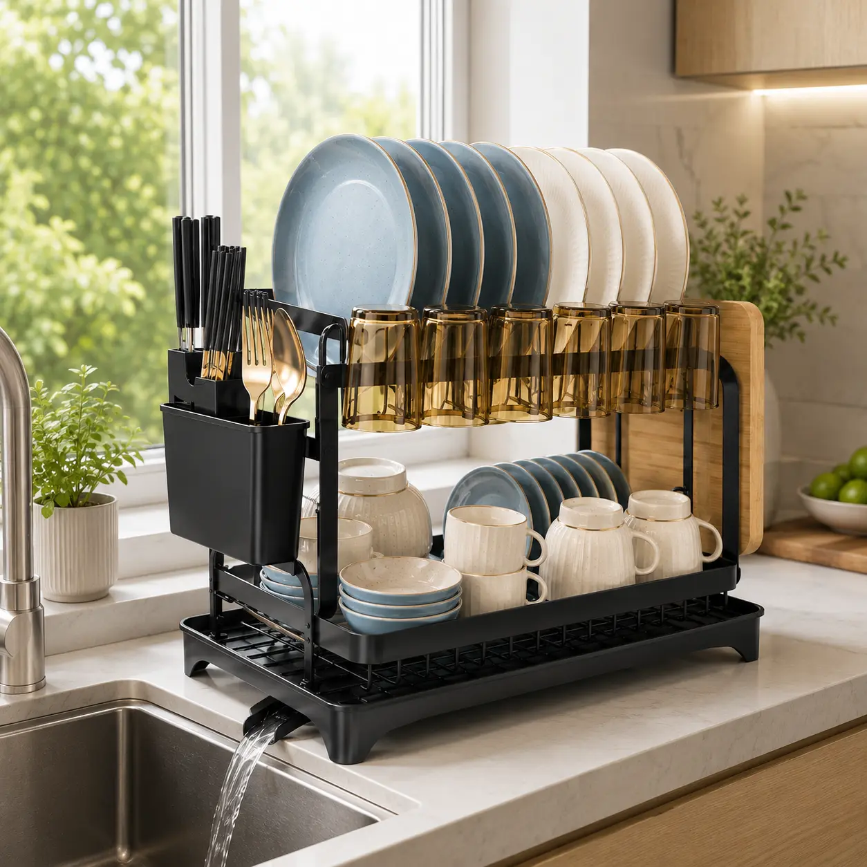 Large-Capacity 2-Tier Dish Rack with Drainboard | Rustproof Drying Rack, Kitchen Countertop Storage Savior with Utensil & Cup Holder