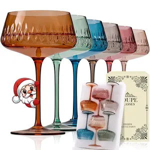 Hand Blown Multicolor Martini Glasses Set of 6 - 14Oz Champagne Coupe Glasses - Drinkware