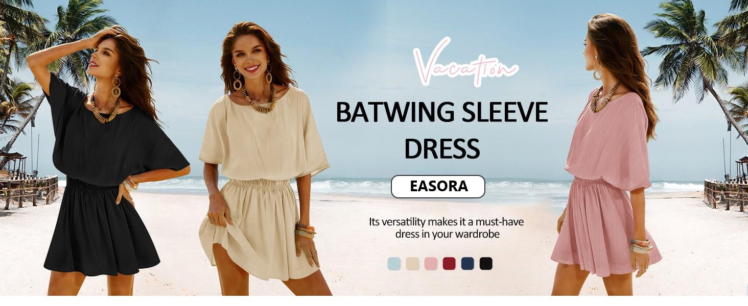 EASORA Women's Off The Shoulder Summer Dresses Short Batwing Sleeve Cinched Waist Mini Dress Casual Ruffle A-Line Short Dress Clothes Womenswear