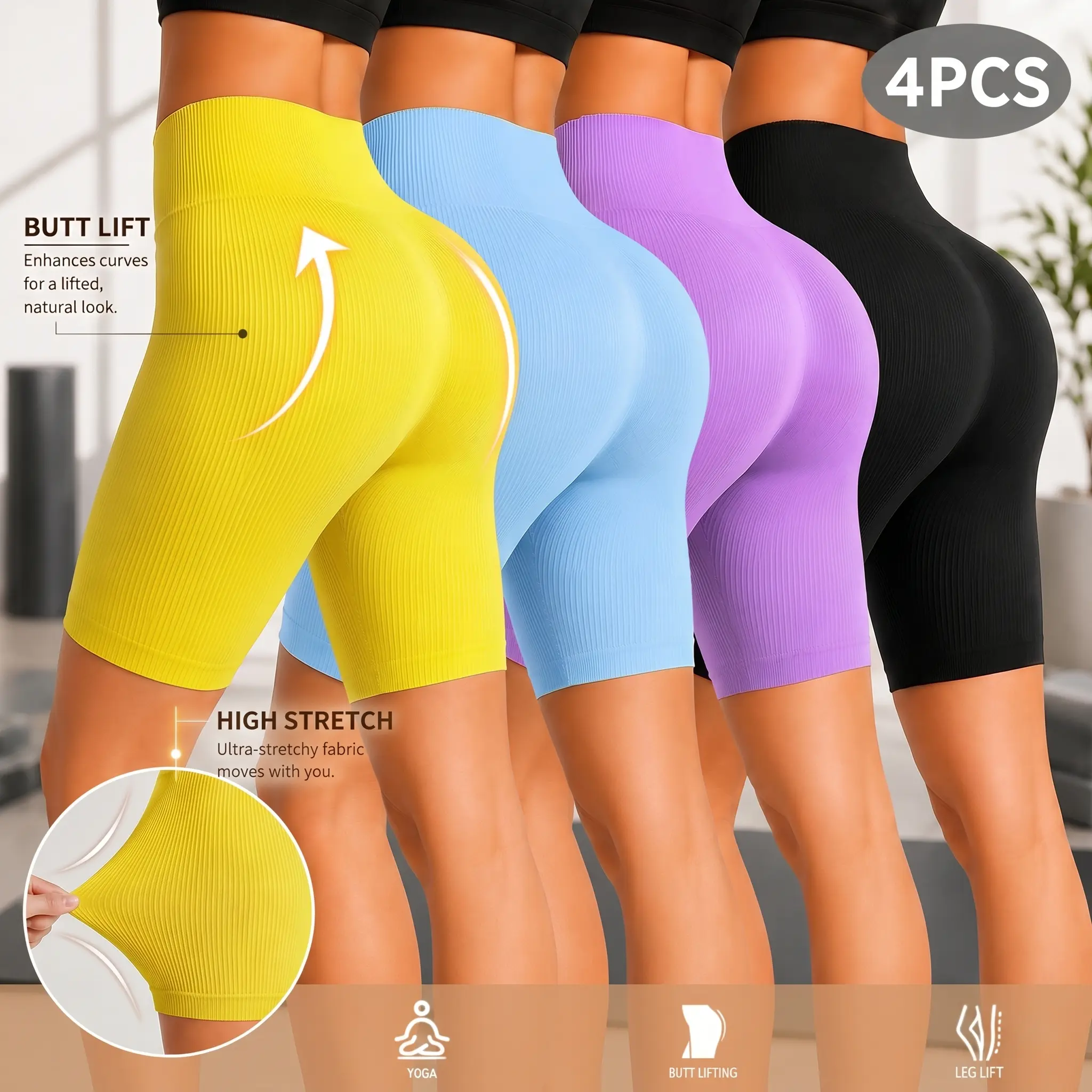 Women's 4-Pack Workout Shorts, High-Waisted Fitted Seamless Ribbed Knit Activewear, Pull On Gym Sets for Women, Tight Athleisure Shorts Compression Gym Shorts