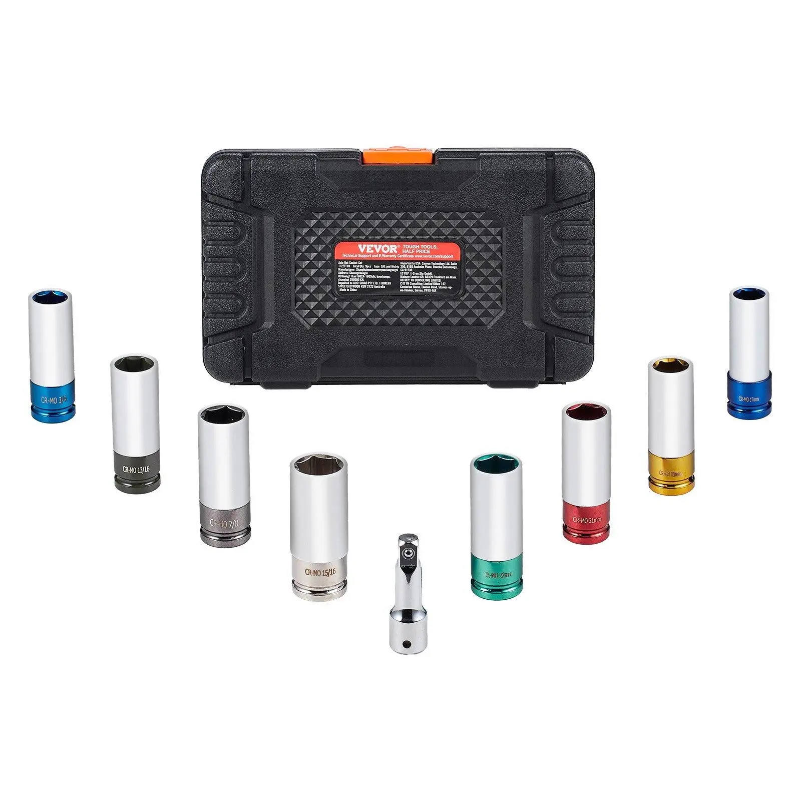 【Summerfinds】VEVOR 1/2 inch Drive Lug Nut Impact Socket Set - 8 Lug Nut Sizes Metric and SAE 6-Point Deep Socket CR-MO Steel Wheel Socket Set with Storage Case and Extension Bar for Auto Repair