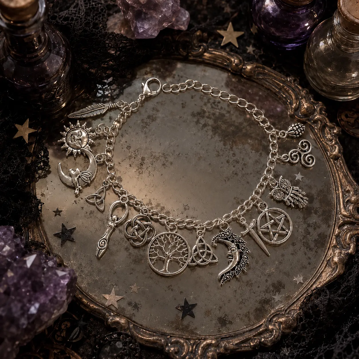 Vintage Symbolic Charm Bracelet, Boho Moon Sun Tree of Life Bracelet, Adjustable Silver Chain Bracelet & Anklet, Celestial Gothic Jewelry, Mystical Style Accessories, Unique Gift for Women