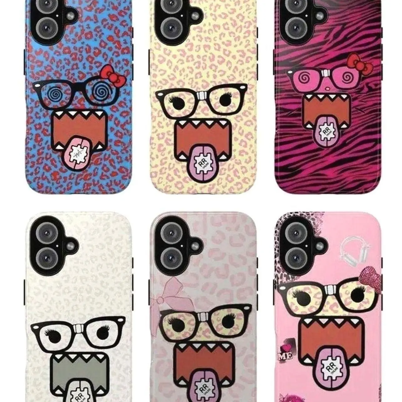 Cartoon Face Phone Case Set, Domo Phone Case spiral glasses leopard zebra bow headphones heart gear tongue pink yellow blue white vibes, baddie aesthetic gift play now, iPhone 17 16 15 14 13 12 Pro Max Plus