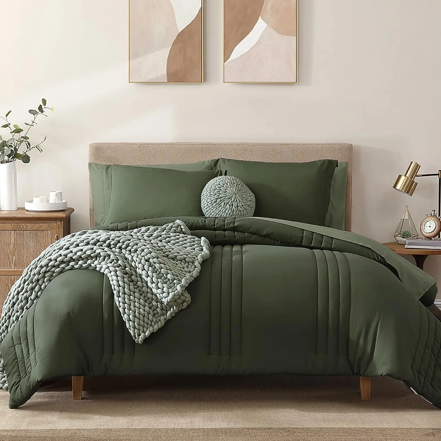 Soft Bedding Set - California King Size, 7-Piece Olive Green Down Alternative Comforter with Pillowcases and Shams for All Seasons