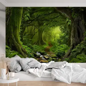 1pc, Serene Green Forest Digital Print, Polyester Tapestry with Installation Accessories, 90gsm, Soft Brushed Fabric, Horizontal, Wall Hanging for Bedroom, Living Room, Office, Party Background Decor