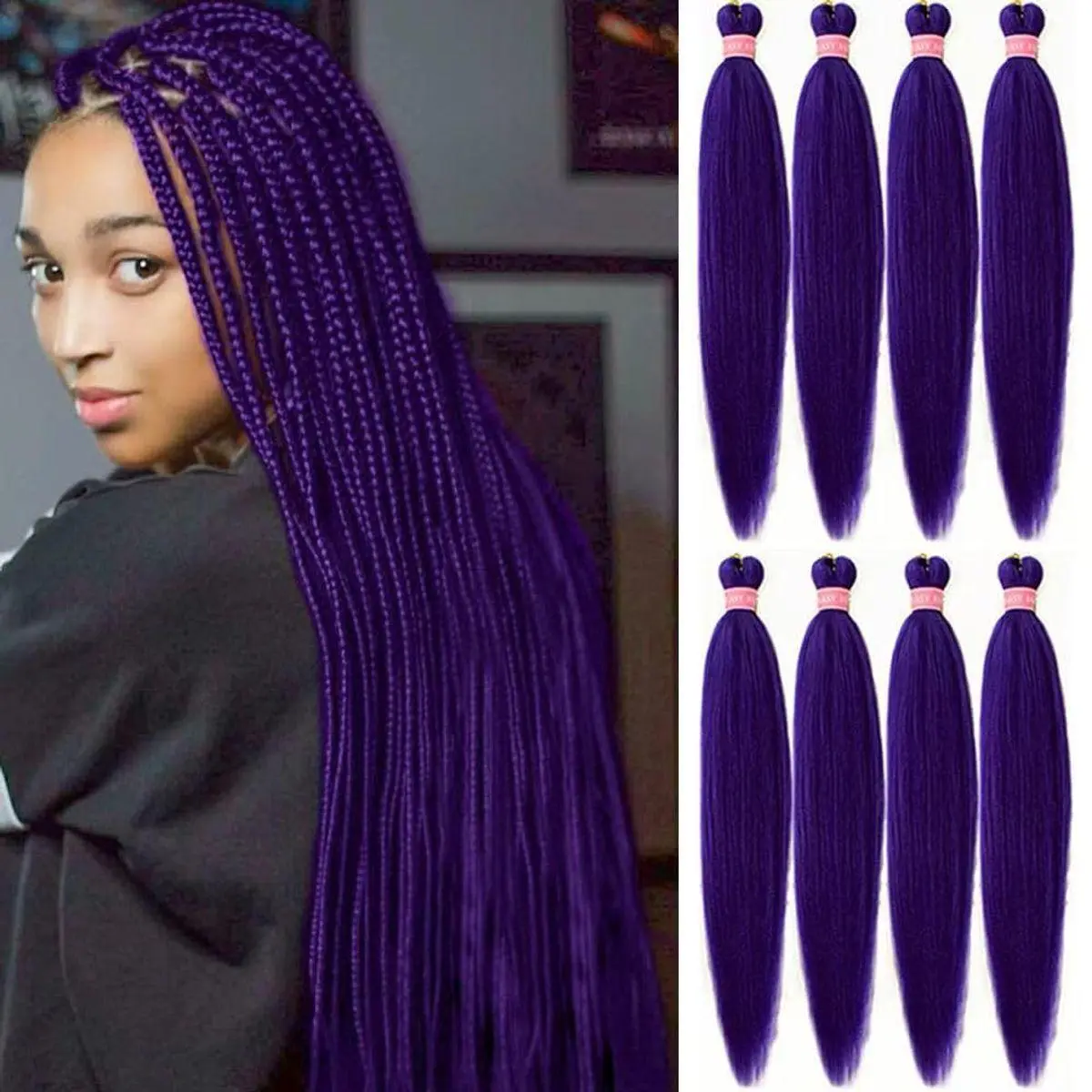Braiding Hair 26 Inches 8 Bundles/Packs Crochet Twist Pre Stretched Braiding Hair for Braids Yaki Straight Texture Braiding Hair Extensions for Women(Dark Purple)