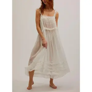 Women's White Ruffle Tiered Midi Dress, Sheer Flowy Bohemian Maxi Sundress, Spaghetti Strap Square Neck Summer Beach Cover Up Dress for Vacation