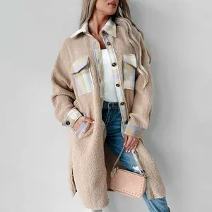 Smoke Gray Plaid Patchwork Collared Button-up Sherpa Long Coat