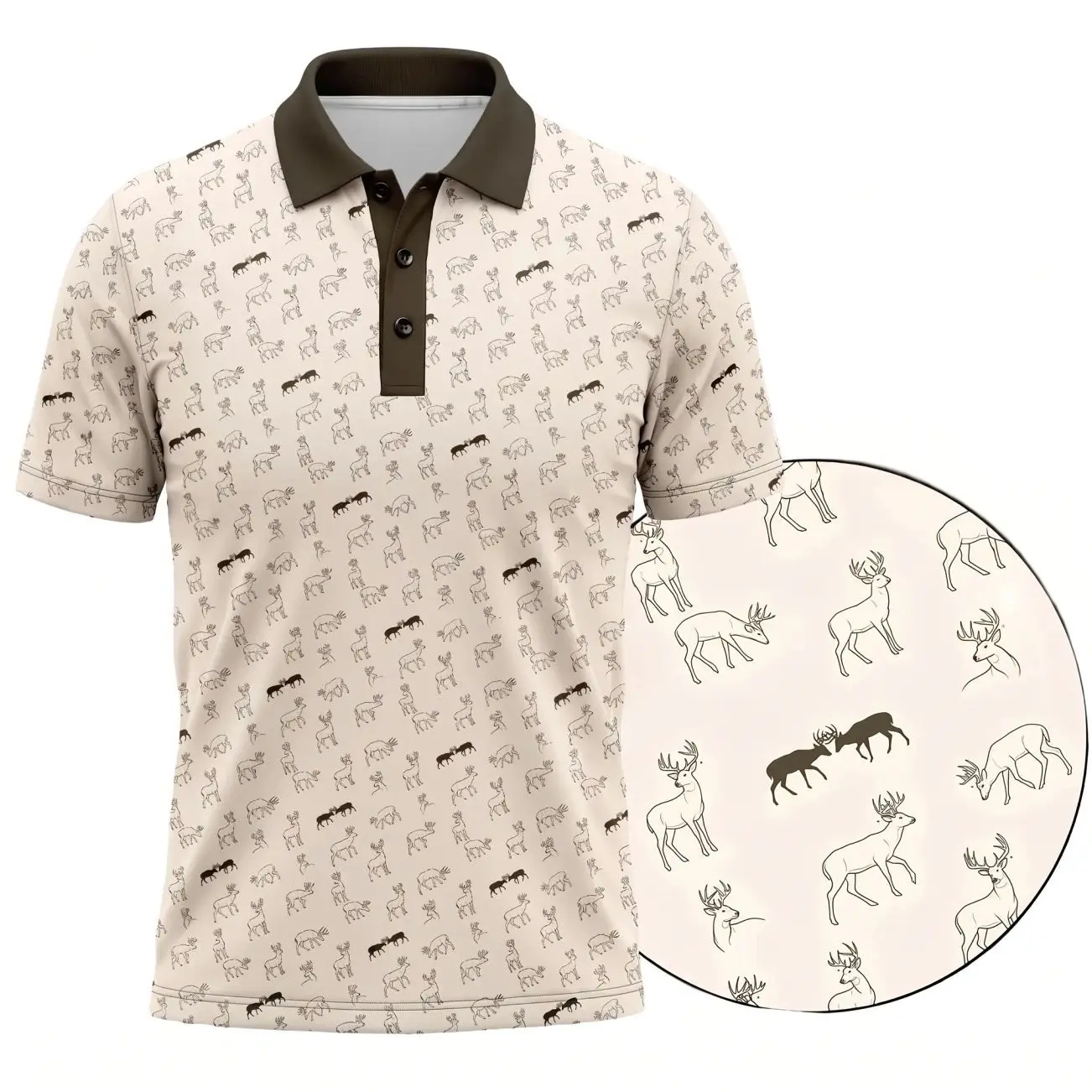 Men’s Deer Hunting Sublimation Polo Shirt - All Over Textured Buck Graphics, Short Sleeve Menswear, Personalized Casual Outdoor Gift for Hunters, Shortsleeve