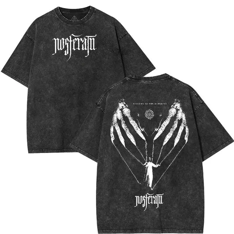 Men's 100% Cotton Oversized Short-Sleeve Round Neck Loose T-Shirt - Nosferatu Gothic Graphic, Distressed Goth Clothes, Alternative Casual Streetwear Top for Halloween, Everyday Wear (Black)