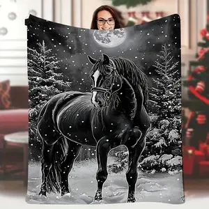 Friesian Horse Winter Scene Flannel Throw Blanket Soft Cozy Animal Blanket for Sofa Couch Bed Bedroom Home Decor