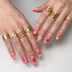 Divineluxe Nails｜10PCS 100% Handmade Press-On Nails｜Reusable Colorful Art Acrylic Stylish｜Luxury Floral Elegant｜D163 1.0 Inch