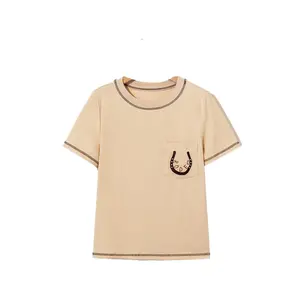Women's Apricot RODEO Horseshoe Embroidered Patch Pocket T-Shirt