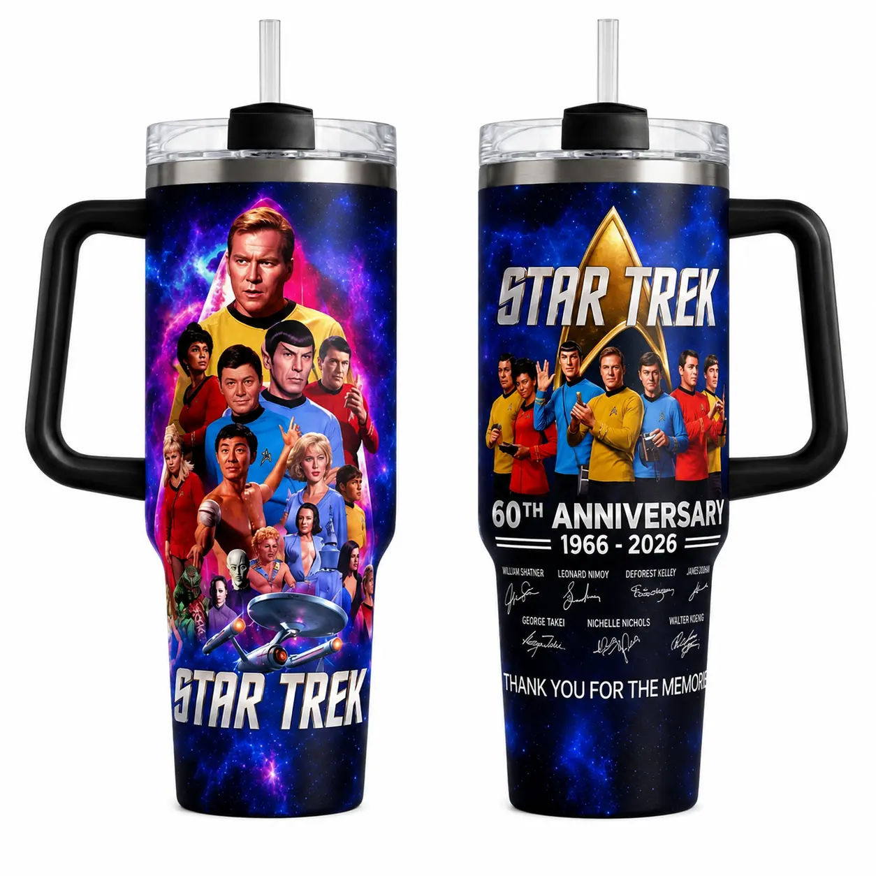 Star Trek 60th Anniversary Tumbler 30oz 40oz With Handle, 1966-2026 Classic Sci Fi TV Series Fan Cup With Cast Collage And USS Enterprise Artwork, Collector Gift, Not Including The Straw Water Bottles Drinkware