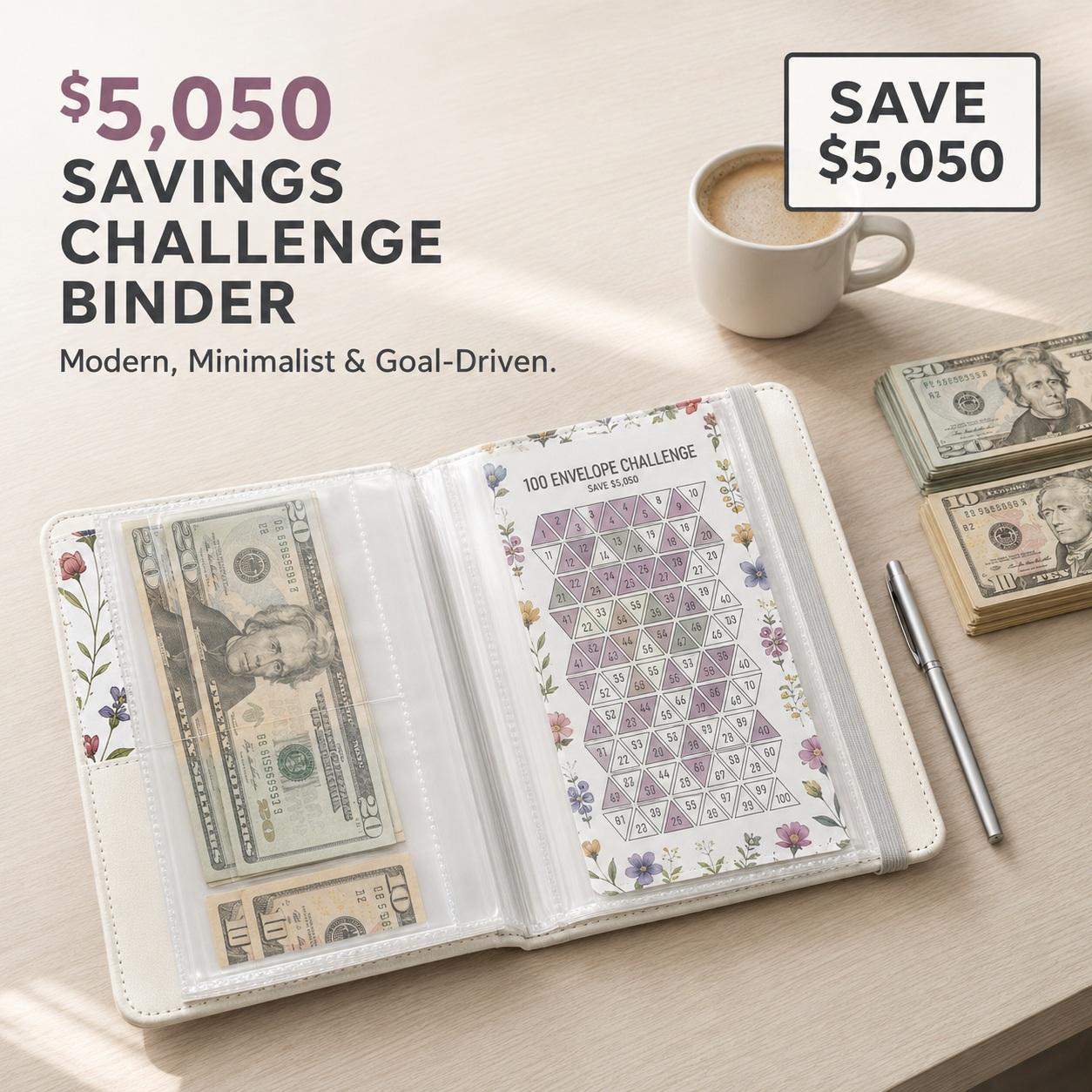 100 Envelope Challenge Binder, 100 Envelopes Money Saving Challenge Book, Cash Envelope Budget Binder with Savings Tracker and 50 PVC Sleeves, Easy Way to Save $5,050, Budget Planner