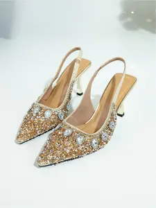 Champagne Gold Rhinestone Pointed Toe Slingback High Heels Elegant Sparkly Dress Pumps for Wedding Party