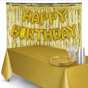 Gold Birthday Party Decoration Kit – Foil Fringe Curtain, Happy Birthday Balloons, Table Cover, Plates, Cups & Cutlery Set