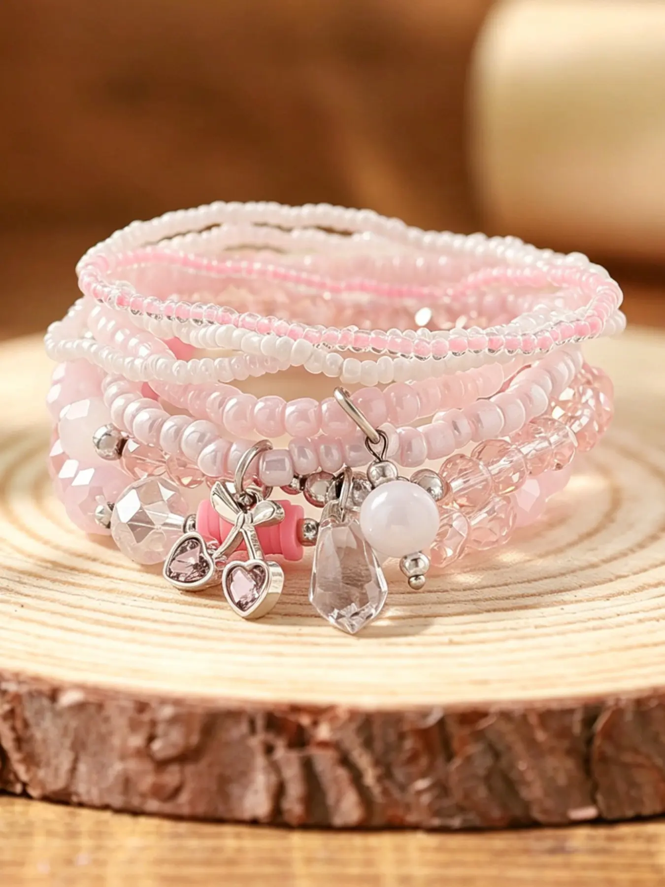 Boho Summer Vacation Style Cute Sweet Trendy Handmade Beaded Artificial Crystal Fruit Cherry Water Drop Pendant Stackable Beaded Bracelet Set Stacked Bracelets for Women