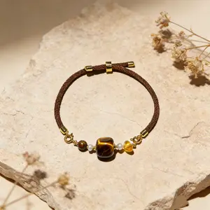 Designer Concept Handmade Semi-DIY Brown Rope Bracelet Lucky Transporter, Tiger's Eye Stone Woven Rope Adjustable Hand Jewelry, Customizable Fashion Jewelry with Unique Charm Bracelet