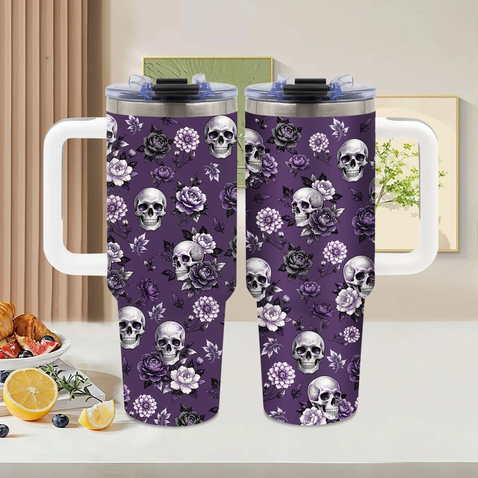 Skull and Flower, 40oz tumbler with handle, Summer Ice Stainless Steel Vacuum Insulated Travel Mug, Gothic Purple Floral design, Skull Lover Gift, for camping and road trip, Halloween, Water Bottle, Tumbler Gift for Women and Men