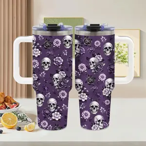 Skull and Flower, 40oz tumbler with handle, Summer Ice Stainless Steel Vacuum Insulated Travel Mug, Gothic Purple Floral design, Skull Lover Gift, for camping and road trip, Halloween, Water Bottle, Tumbler Gift for Women and Men