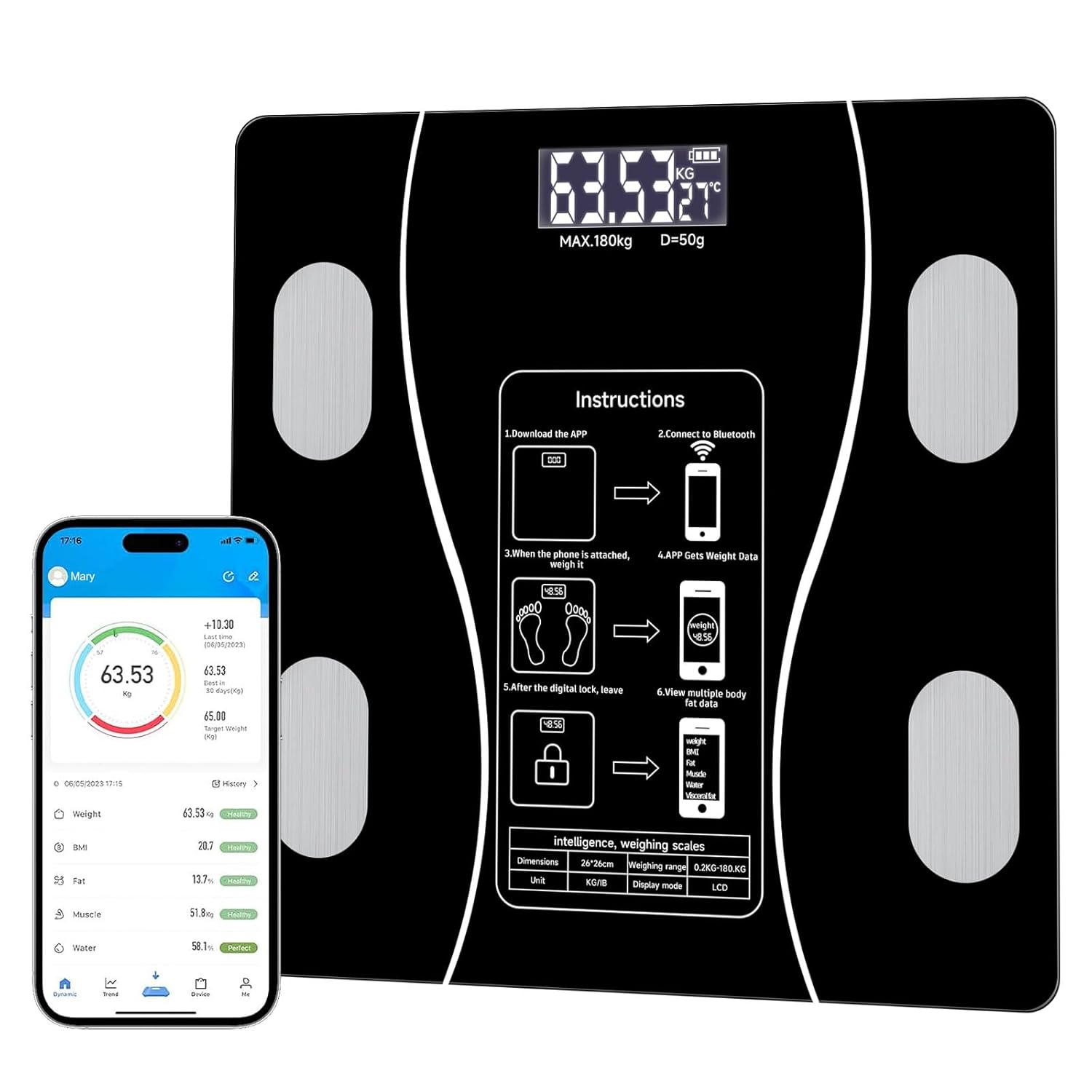 Smart Bathroom Scale for Body Weight, Digital Weighing Scale with BMI, Body Fat, Muscle Mass, Bluetooth Machine for People, Work with App, Compact Size, 400lb