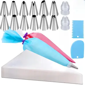 Piping Bags and Tips Set, 100Pcs 12 Inch Pastry Bags, Icing Bags Disposable for Cakes Decorating Kit Supplies with 1 Reusable Piping Bags, 1 Couplers, 12 Frosting Tips, 2 Bag Ties, 3 Cake Scraper Bakeware Plastic