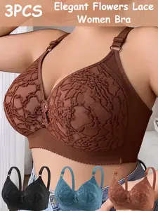 Three-Piece Soft Fabric Women Bra Set, Adjustable Straps, Elegant Floral Lace Bralette Design, Plus Size, Comfortable and Stylish Underwear