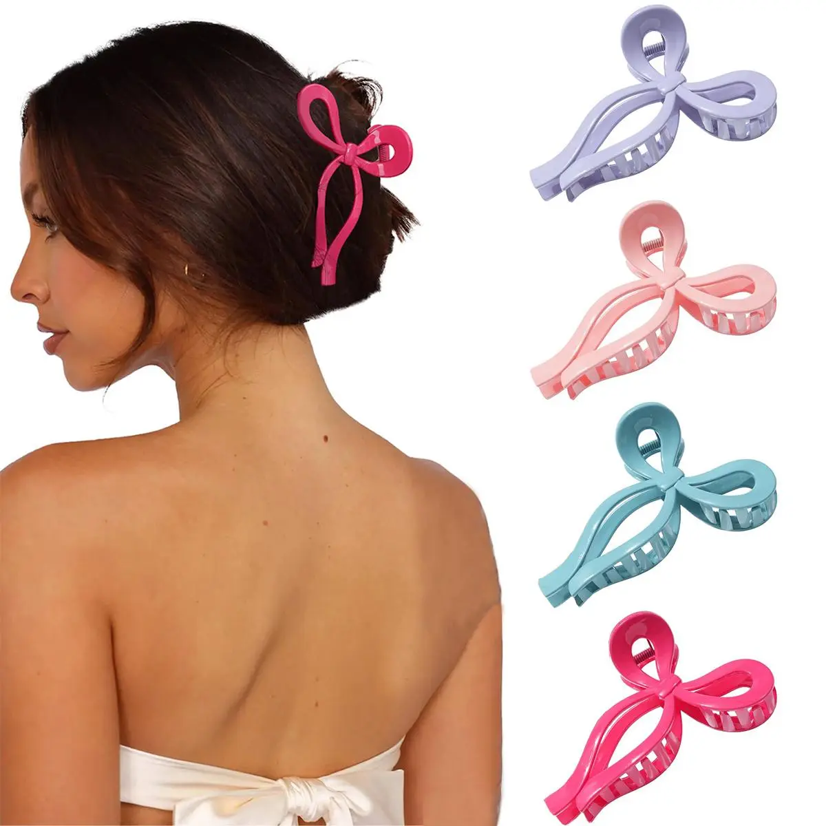 AWAYTR 4 Pcs/Set Elegant Large Hair Claw Clips Bow Hair Clips for Women for Thin and Thick Hair Strong Hold Nonslip Fashionable Bow Claw Clip Hairstyles