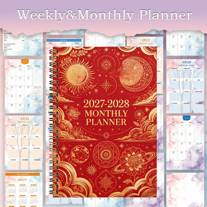 Two-year 2027-2028 Calendar Planner - From January 2027 to December 2028 Monthly Check-in Notebook - Red Flower, Moon and Sun Elements, Ink-Wash Ancient Style Color Scheme Inner Pages - Portable and Portable Diary Notebook - Elegant Monthly Divided Labels