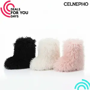 CELNEPHO Faux Fur Boots for Women Round Toe Warm Cozy Mid Calf Boots Flat Heel Fuzzy Plush Easy Pull on for Work Party Outdoor Events Gift Casual Wear Chilly Day Booty Fluffy Boots Deals For You Days