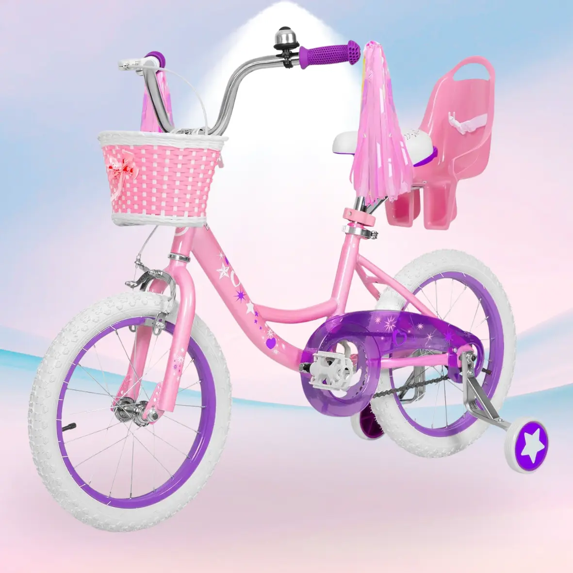 Kids Bike Bicycle for Girls 14/16 Inch Ages 3+ Training Wheels Basket Streamers Coaster Brake Bell Chain Guard Single-Speed Bicycle
