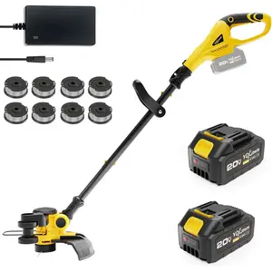 20V String Trimmer with Charger, 2 X 4Ah Battery Powered Grass Mover with Auto Line Feed, 2 in 1 Lawn Edger with 8 Pcs Grass Spool Line, Yellow