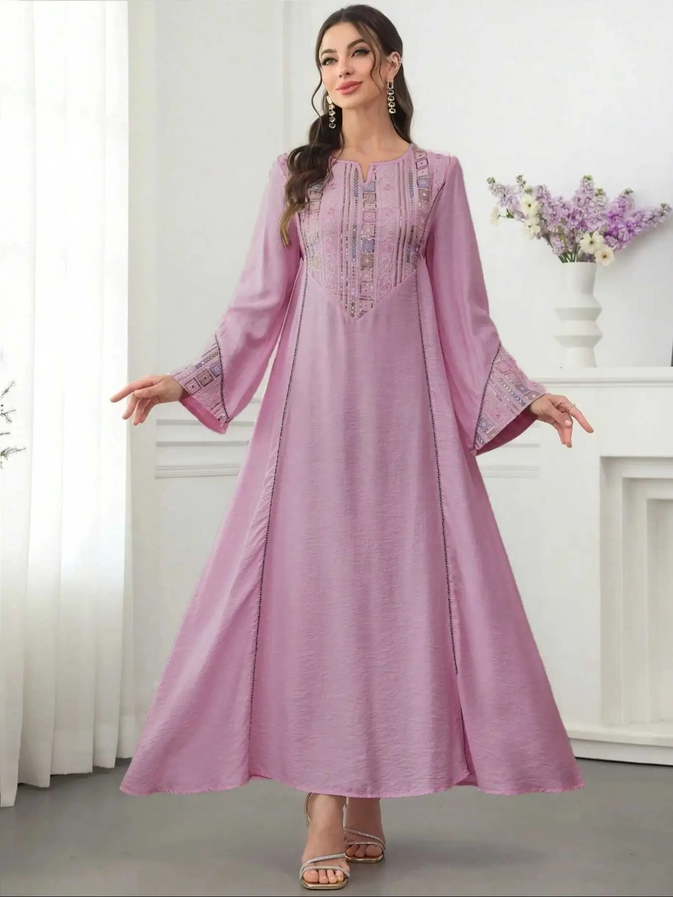 Women's Muslim Abaya Dress, Elegant Loose-Fit Woven Fabric, All-Season Islamic Clothing, Dubai Style, High-Quality Material