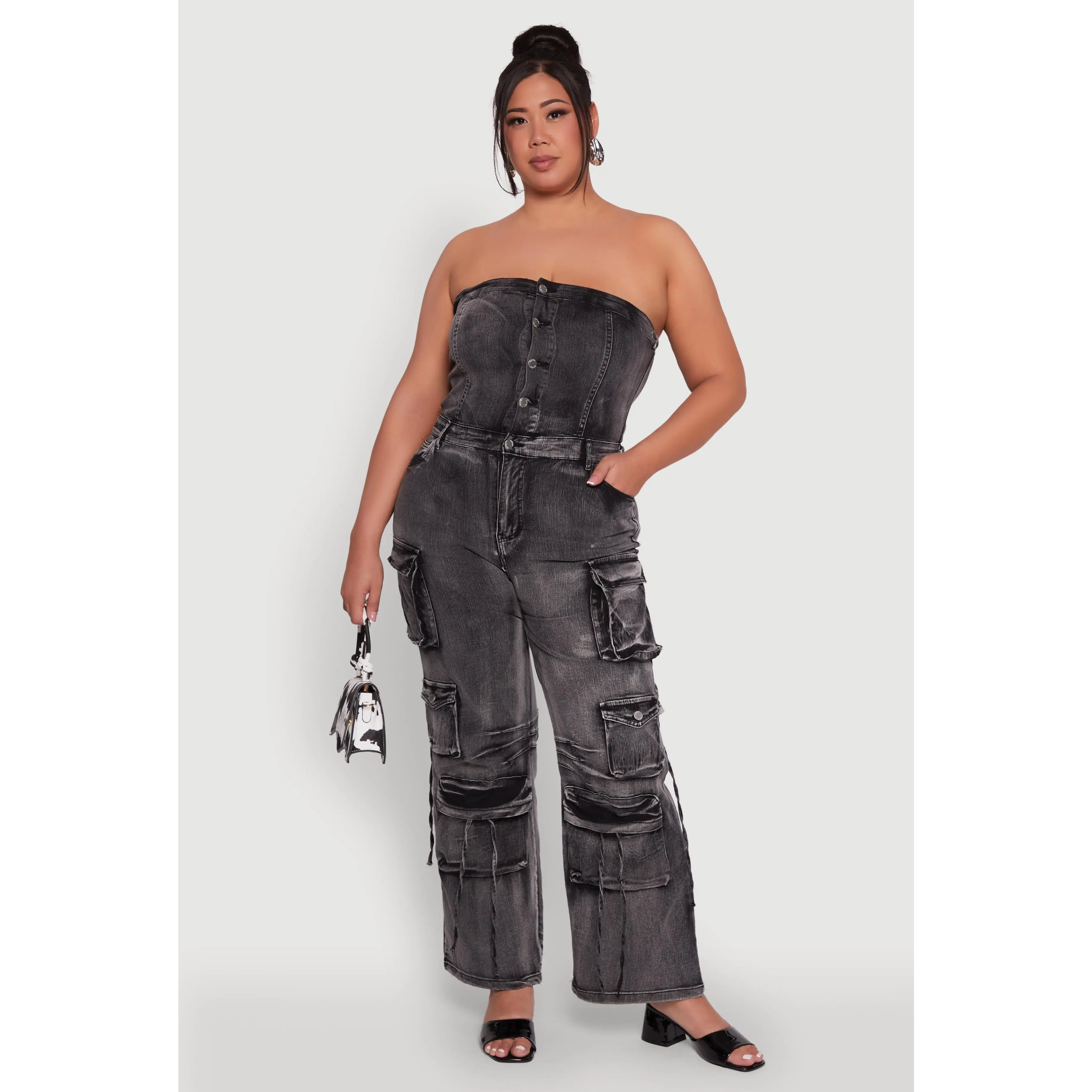 Plus Size Daisy Acid Wash Denim Strapless Jumpsuit