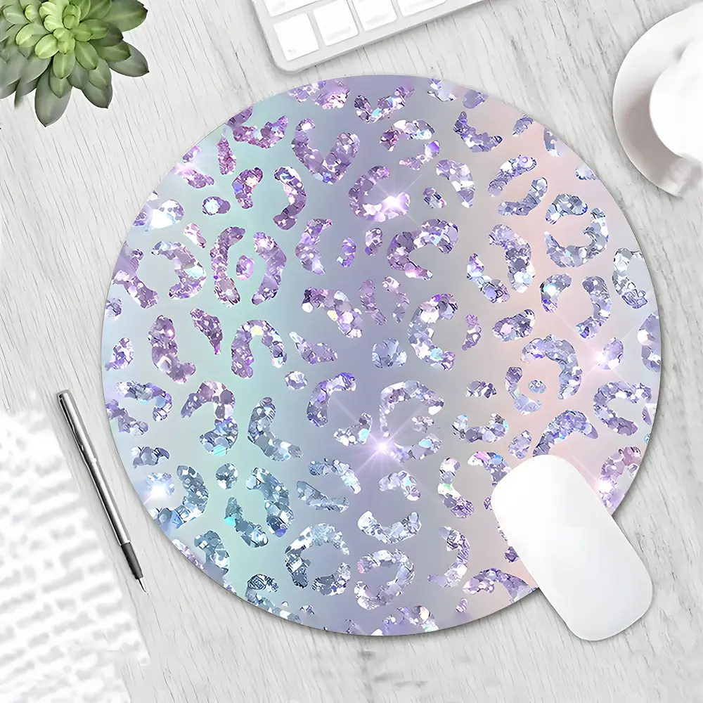 Leopard Print with Glitter Design Round Gaming Mouse Pad, Aesthetic Desktop Decorative Protective Pad, Rubber Anti-slip Lockedge Work Pad, Small Size Suitable for Laptop, Desktop Computer Games, Work, Family, Desktop Accessory, Gaming Accessories