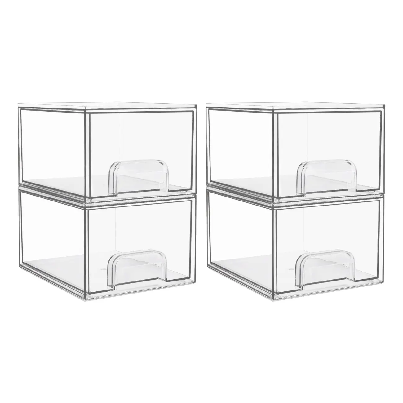 4 Pack Clear Stackable Storage Drawers, 4.4'' Tall Acrylic Bathroom Makeup Organizer, Plastic Storage Bins Home Organization & Storage Boxes White, Space Saving Organizer, Durable Storage Organizer