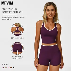 MFVIM Women's 2-Piece Sporty Yoga Set - Tight-Fitting Colorblock Casual Wear, Above-The-Knee Plain Design, for Gym Workout Women, Outdoor Running, Two Piece Set
