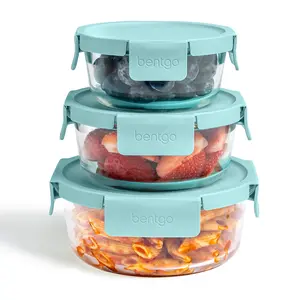 Bentgo Glass Leak-Proof Food Storage Set - 3 Meal Prep Containers with 3 Custom-Fit Lids, BPA Free, Dishwasher Safe Round Kitchenware