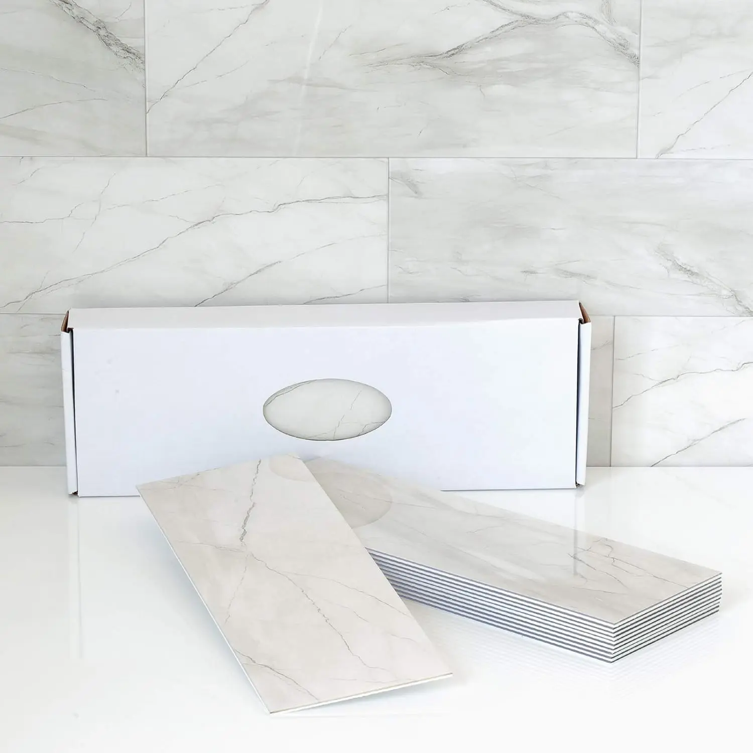 Peel and Stick Backsplash for Kitchen Tile,Peel and Stick Tiles for Walls Tile Stickers  Marble Tile Backsplash 3.85"x11.73"(16Tiles) White Gray