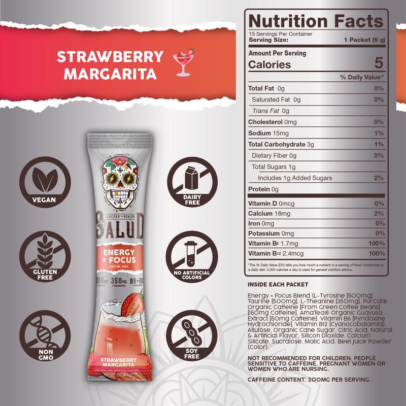 Salud 2-in-1 Energy Drink Powder + Focus, Strawberry Margarita, Organic Caffeine, B6 + B12, Theanine, Clean Energy Drink Packets, Agua Fresca Mix, Non-GMO, Gluten Free, Vegan, 1g of Sugar, (15 Servings)