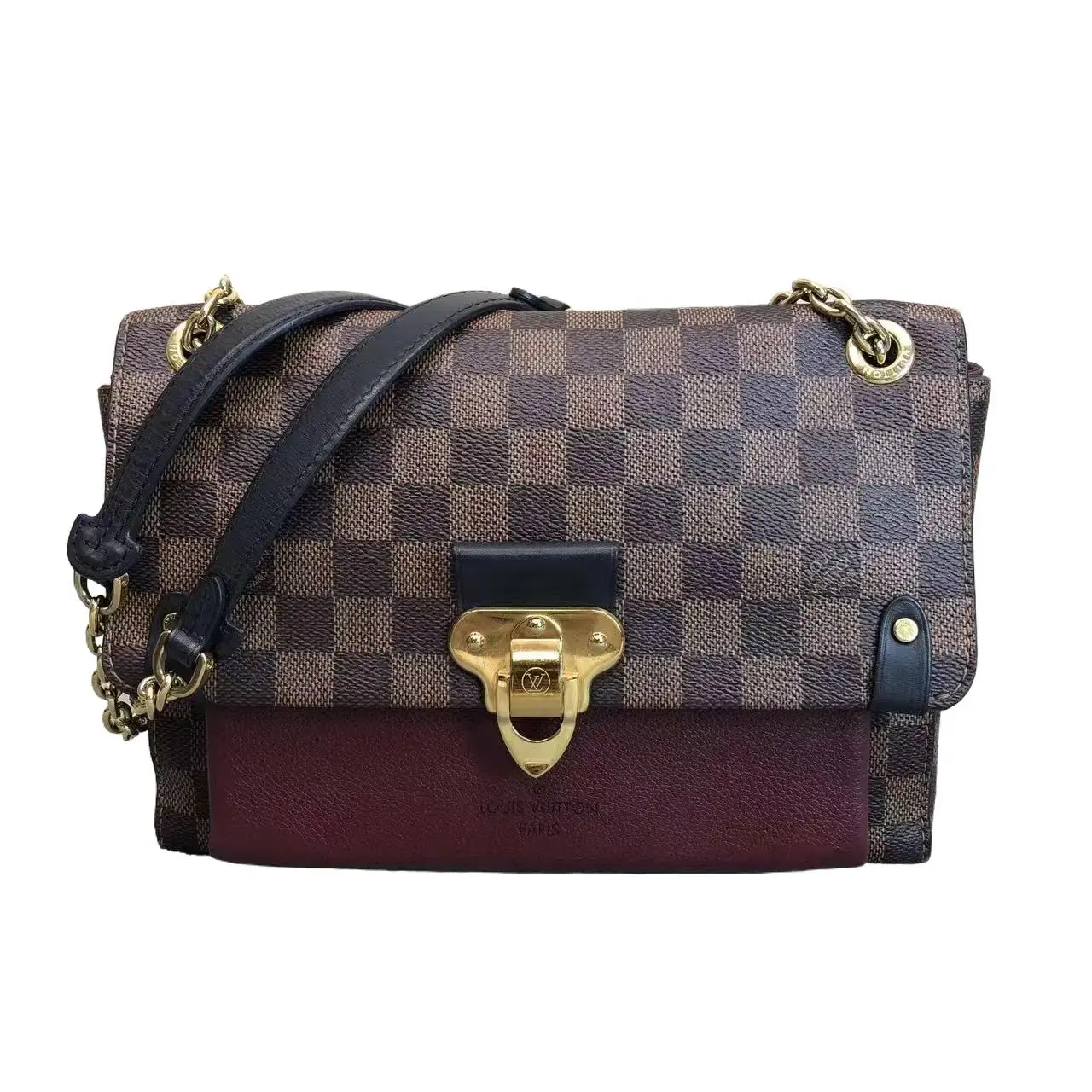 Pre-owned Louis Vuitton leather Crossbody Bags damier checkered burgundy chain crossbody bag 6142 yao
