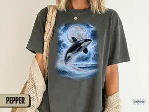 Orca Whale Moonlight Graphic T-shirt | Comfort Colors Killer Whale Tee, Retro Orca Lighting Shirt